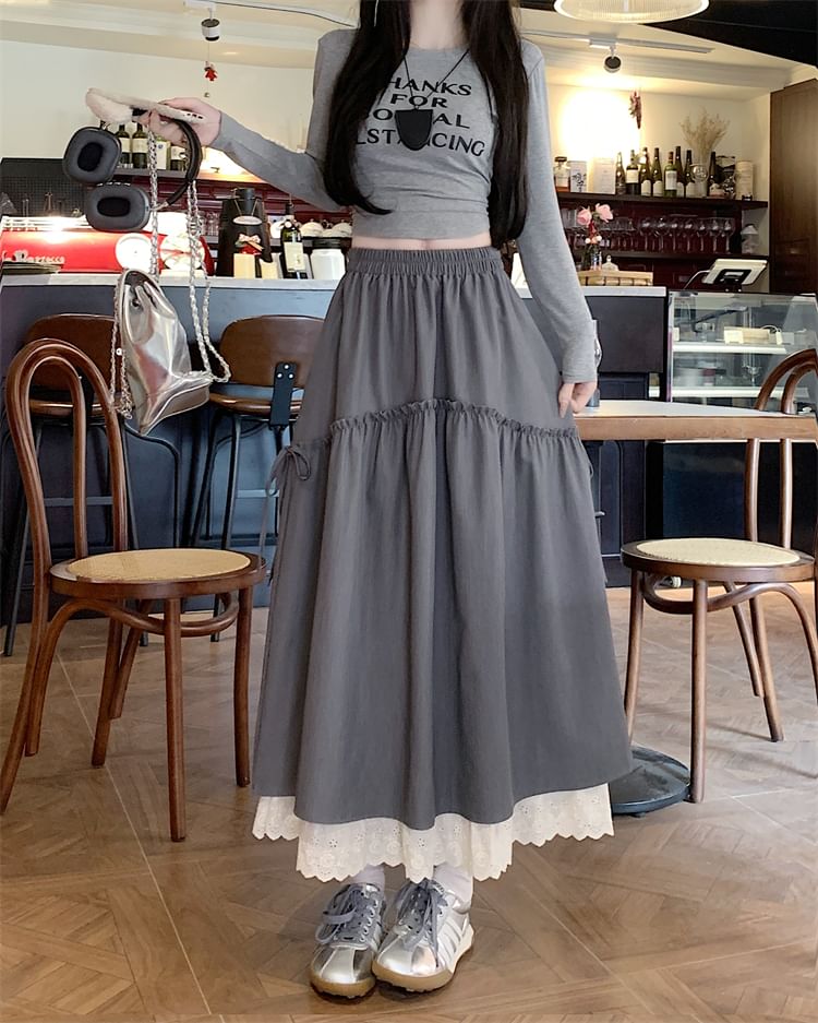 Skirt Lace Trim A-Line Maxi Plain High Rise