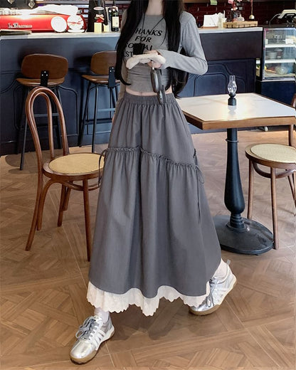 Skirt Lace Trim A-Line Maxi Plain High Rise