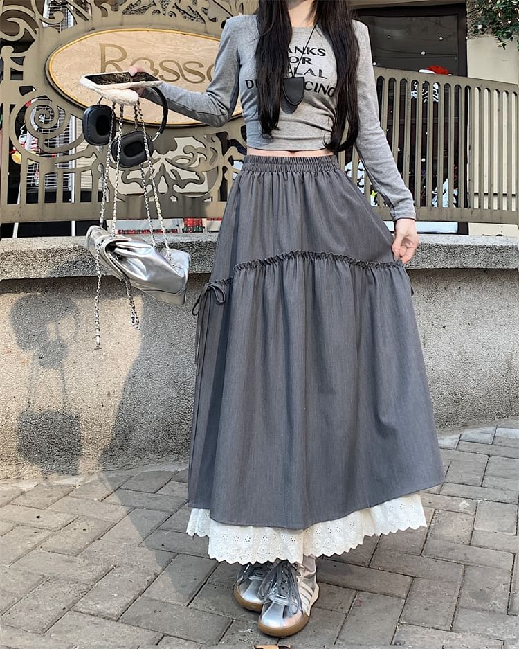 Skirt Lace Trim A-Line Maxi Plain High Rise