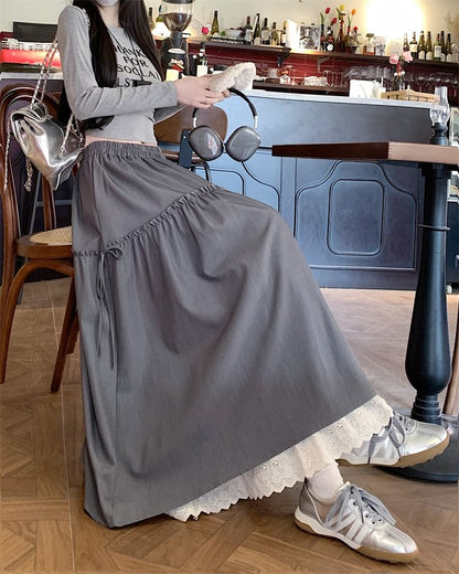 Skirt Lace Trim A-Line Maxi Plain High Rise