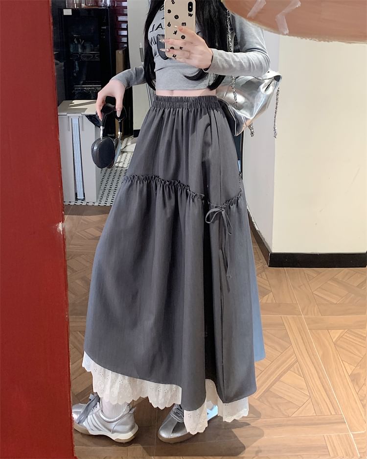 Skirt Lace Trim A-Line Maxi Plain High Rise