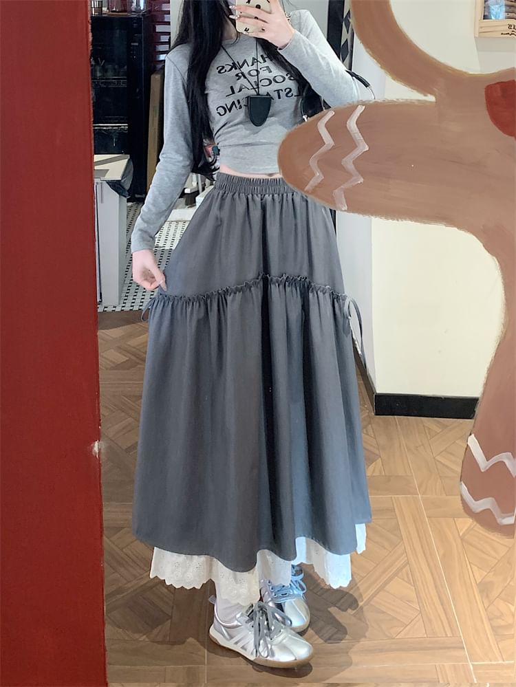 Skirt Lace Trim A-Line Maxi Plain High Rise