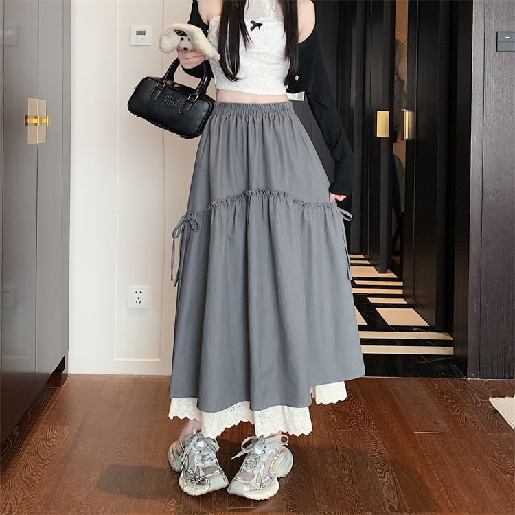 Skirt Lace Trim A-Line Maxi Plain High Rise