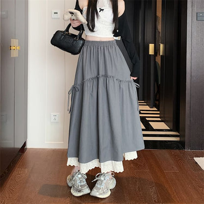 Skirt Lace Trim A-Line Maxi Plain High Rise