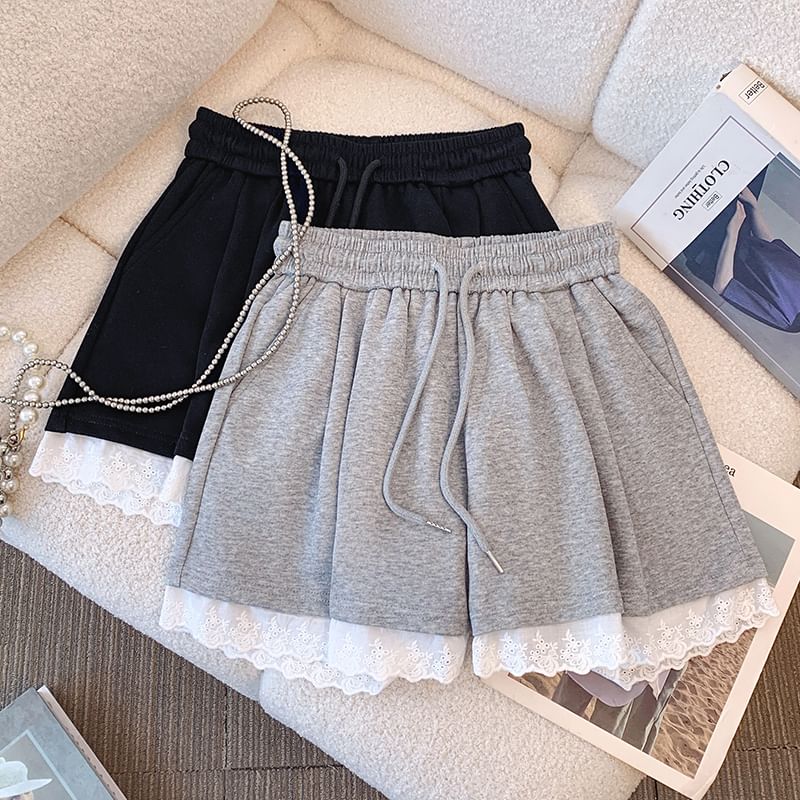 Lace A-Line Plain Mini Waist Skirt Drawstring Trim