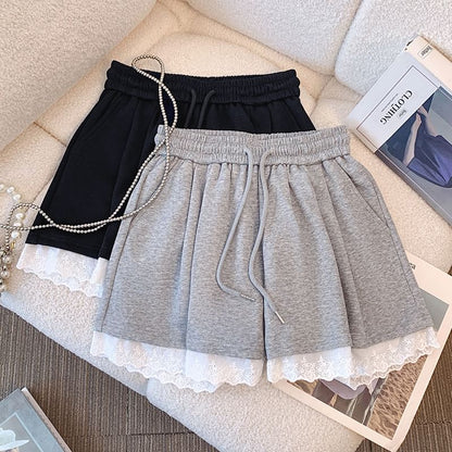 Lace A-Line Plain Mini Waist Skirt Drawstring Trim