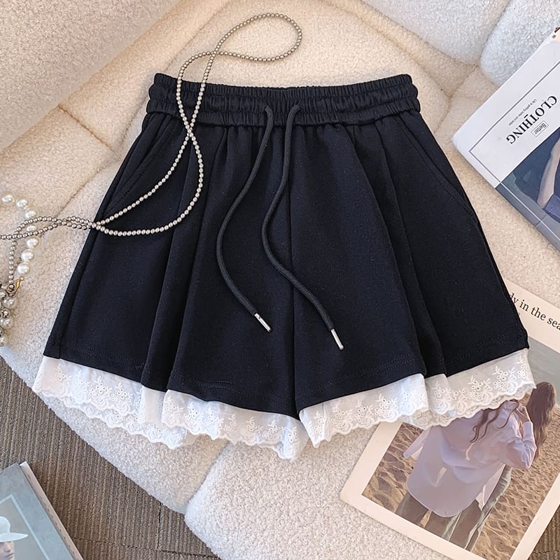 Lace A-Line Plain Mini Waist Skirt Drawstring Trim