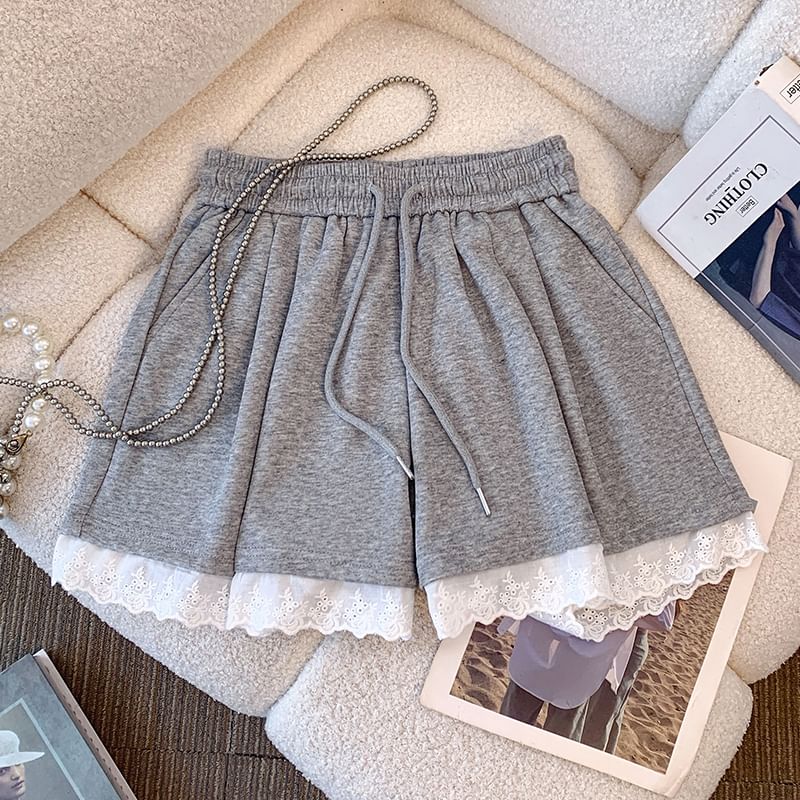 Lace A-Line Plain Mini Waist Skirt Drawstring Trim