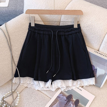 Lace A-Line Plain Mini Waist Skirt Drawstring Trim