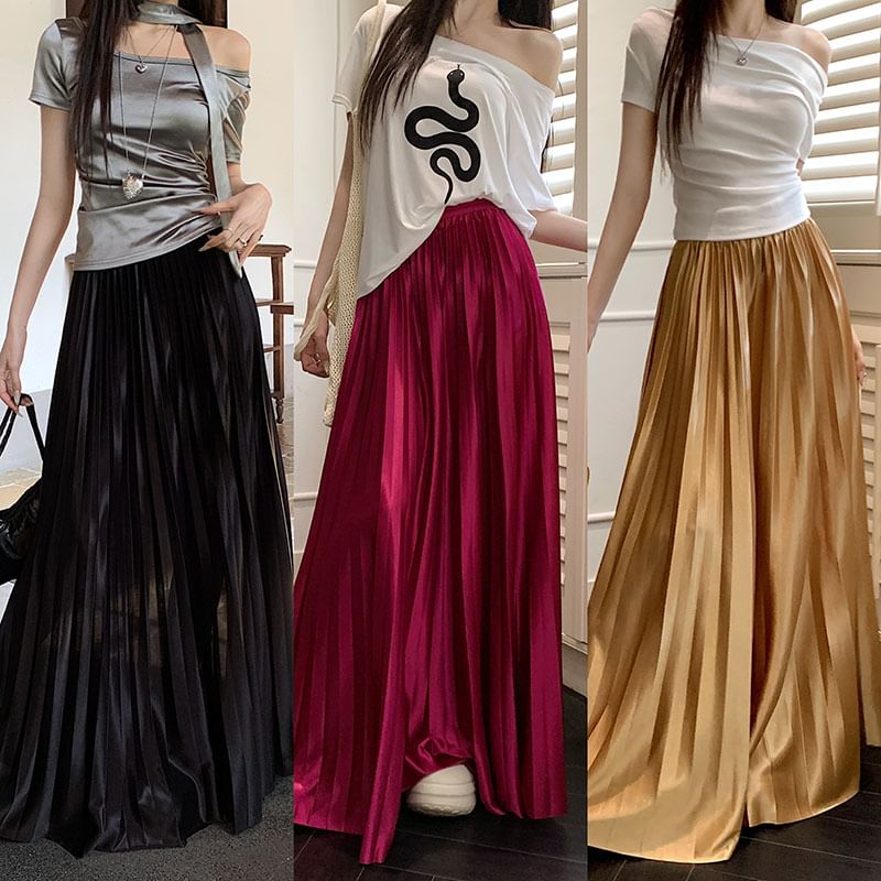 Maxi Plain Skirt Accordion A-Line High Pleated Waist