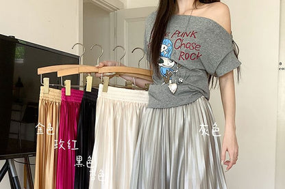 Maxi Plain Skirt Accordion A-Line High Pleated Waist