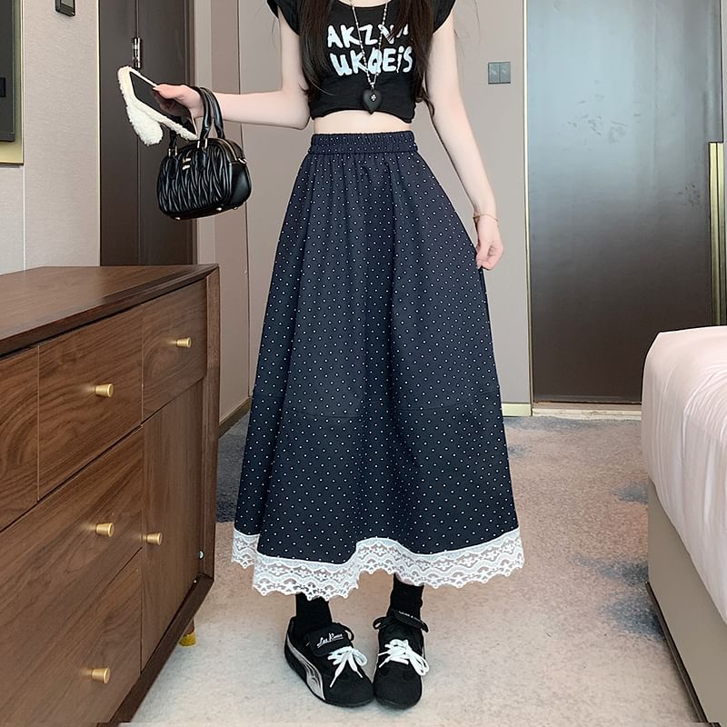 Trim A-Line High Dotted Rise Skirt Maxi Lace