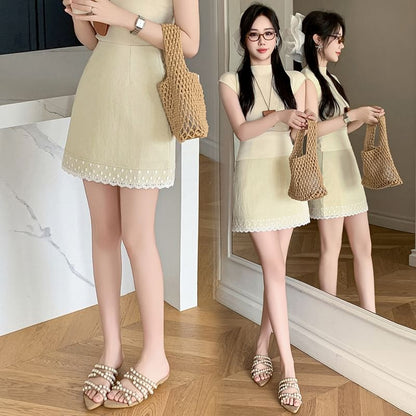 Lace High Skirt Plain Waist Trim Mini Pencil