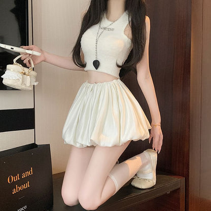 Waist Plain Mini Skirt A-Line Ruched High