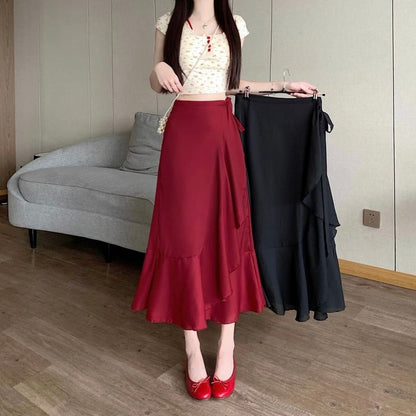 High Midi Waist Skirt Plain Ruffle A-Line