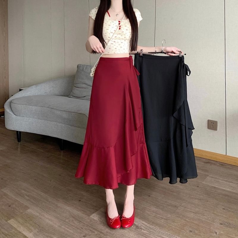 High A-Line Skirt Ruffle Midi Plain Waist