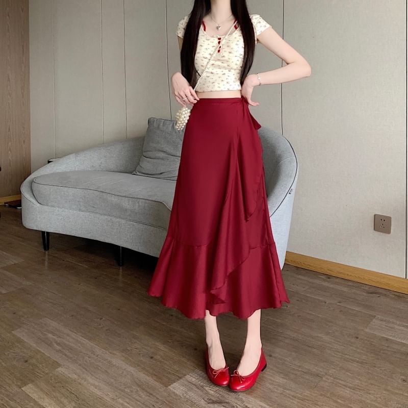 High A-Line Skirt Ruffle Midi Plain Waist