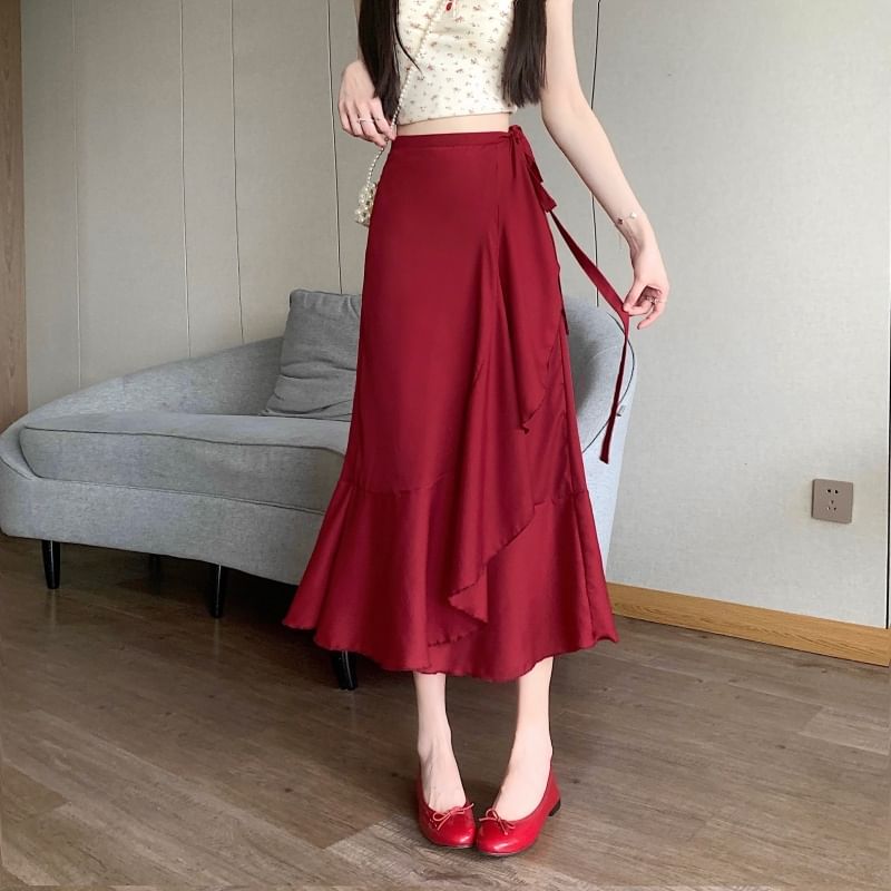 High Midi Waist Skirt Plain Ruffle A-Line