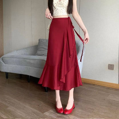 High Midi Waist Skirt Plain Ruffle A-Line