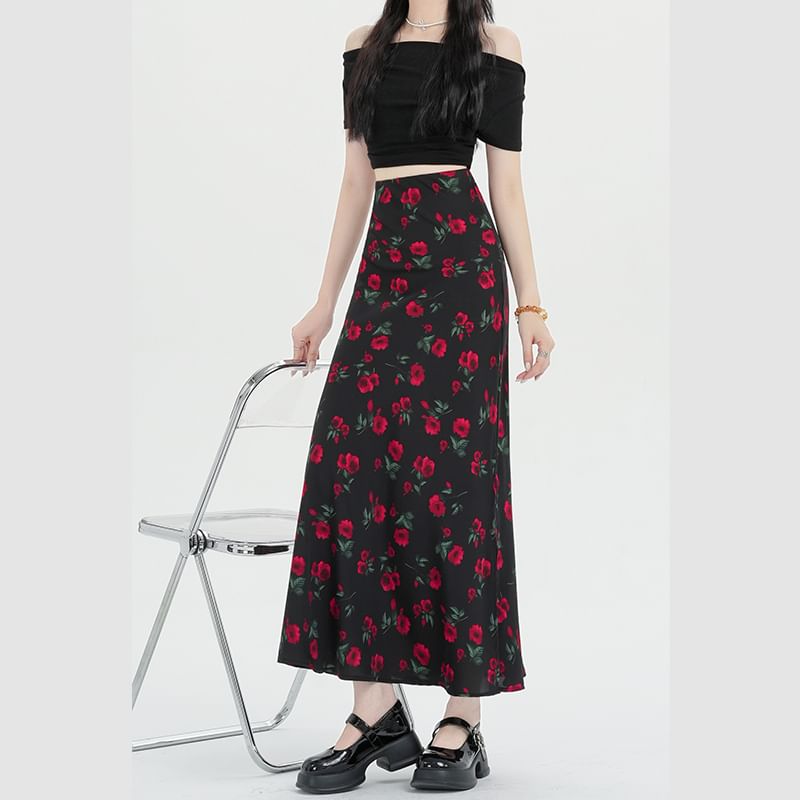 Waist Floral Skirt Maxi A-Line High
