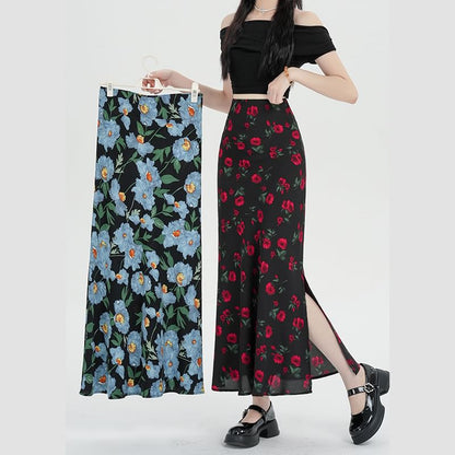 Waist Floral Skirt Maxi A-Line High