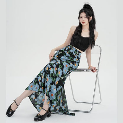 Waist Floral Skirt Maxi A-Line High