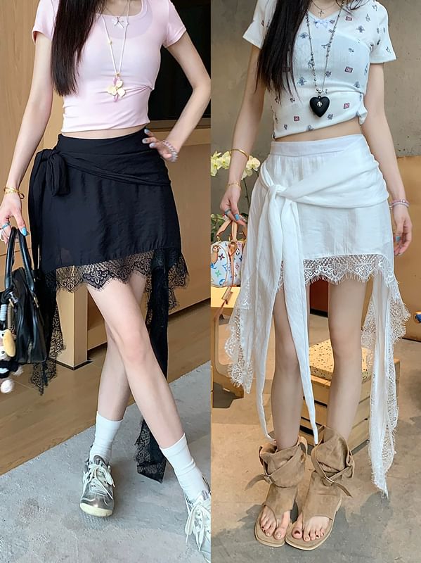 Skort Waist Trim High Plain Asymmetrical Lace Wrap