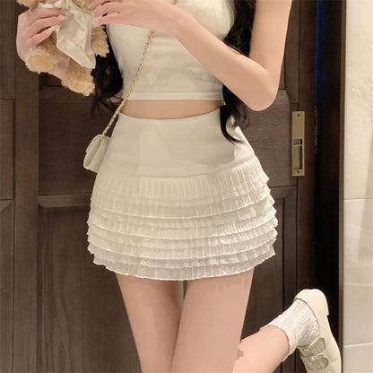 Plain Lace Trim Mini High Skirt Pencil Rise