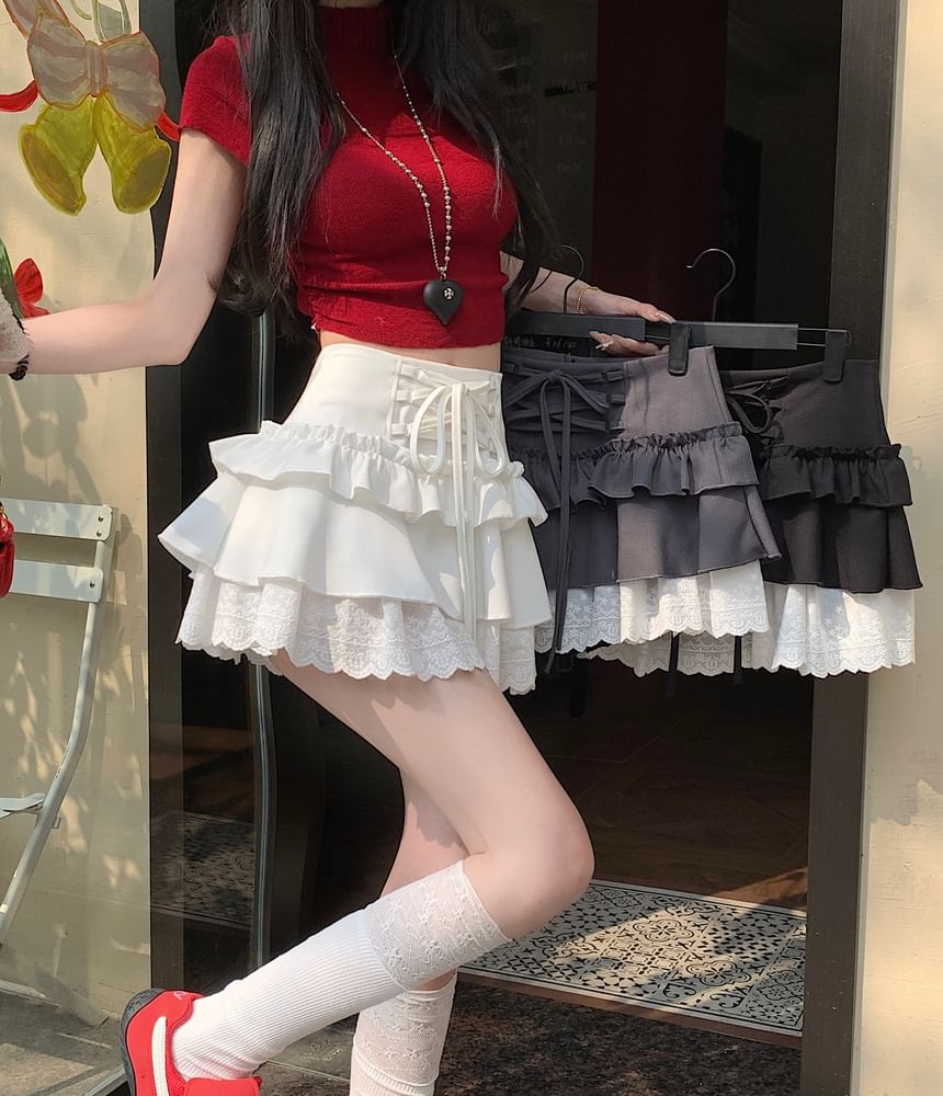 Mini High Lace A-Line Rise Trim Plain Skirt Ruffle Lace-Up
