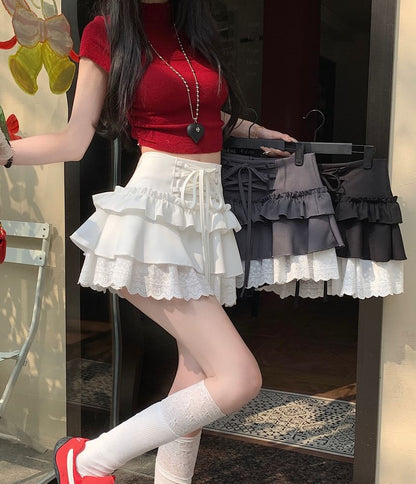 Mini High Lace A-Line Rise Trim Plain Skirt Ruffle Lace-Up
