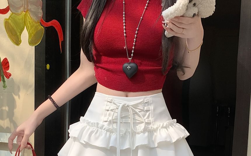 Mini High Lace A-Line Rise Trim Plain Skirt Ruffle Lace-Up