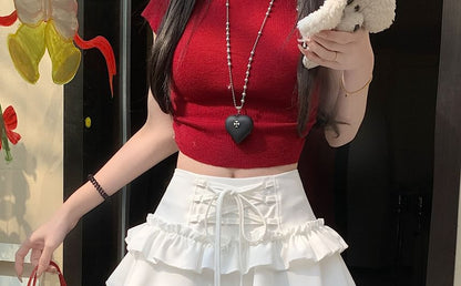 Mini High Lace A-Line Rise Trim Plain Skirt Ruffle Lace-Up