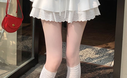 Mini High Lace A-Line Rise Trim Plain Skirt Ruffle Lace-Up