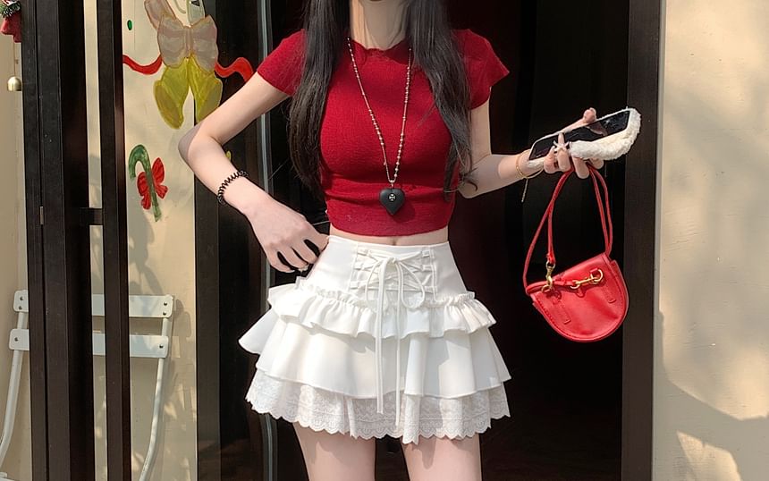Mini High Lace A-Line Rise Trim Plain Skirt Ruffle Lace-Up