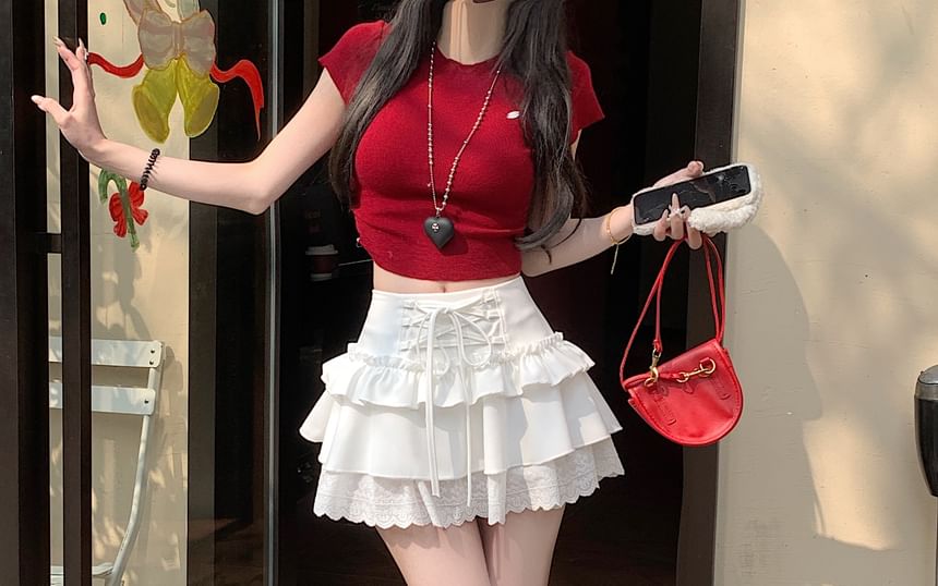 Mini High Lace A-Line Rise Trim Plain Skirt Ruffle Lace-Up