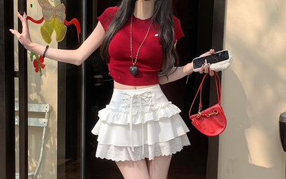 Mini High Lace A-Line Rise Trim Plain Skirt Ruffle Lace-Up