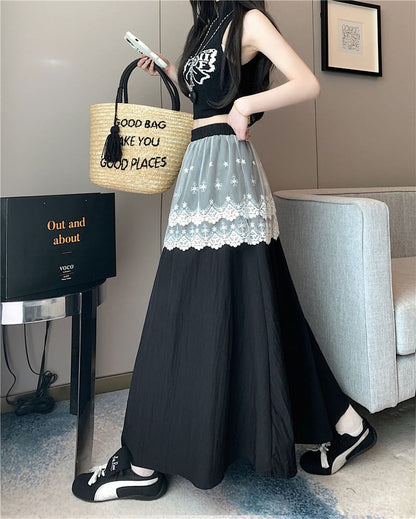 Rise Plain High Skirt Trim Lace Maxi A-Line