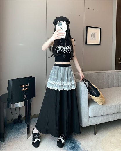 Lace Trim High Rise A-Line Plain Maxi Skirt