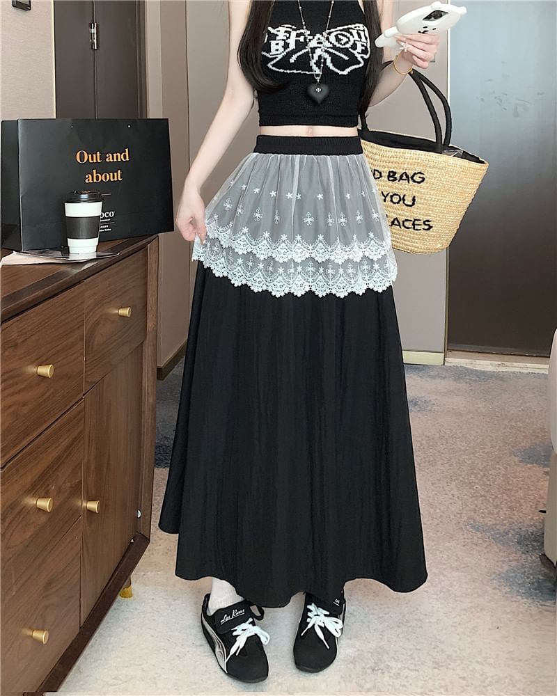 Lace Trim High Rise A-Line Plain Maxi Skirt