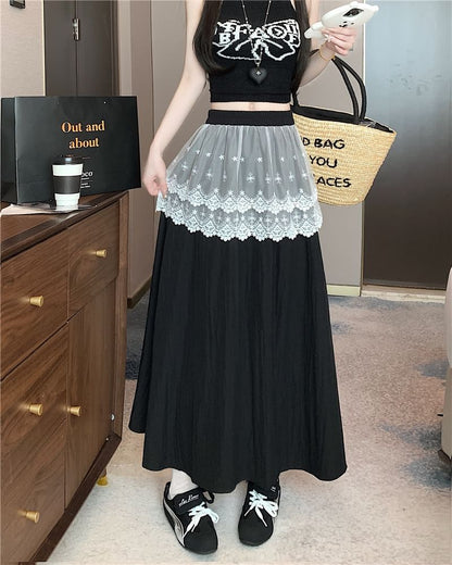 Rise Plain High Skirt Trim Lace Maxi A-Line