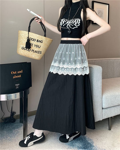 Lace Trim High Rise A-Line Plain Maxi Skirt