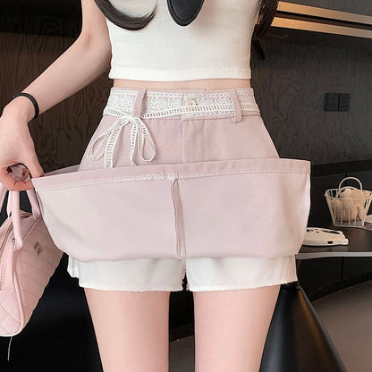 Rise Trim Mini A-Line Lace Skirt Plain High