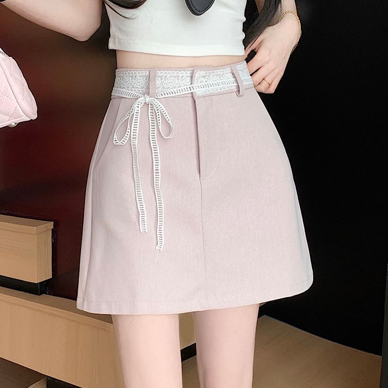 A-Line High Skirt Trim Mini Rise Lace Plain