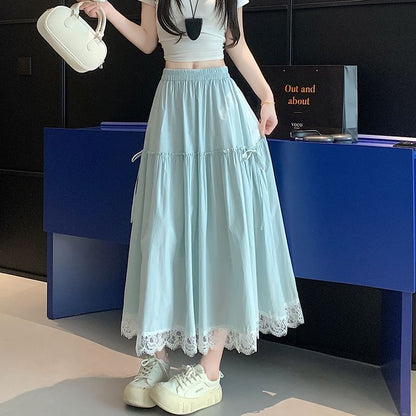 High Maxi Trim A-Line Skirt Plain Lace Waist