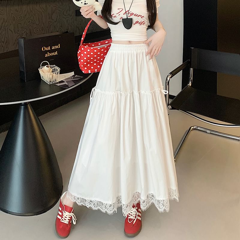 High Maxi Trim A-Line Skirt Plain Lace Waist