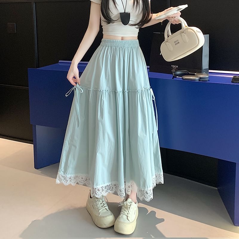 High Maxi Trim A-Line Skirt Plain Lace Waist