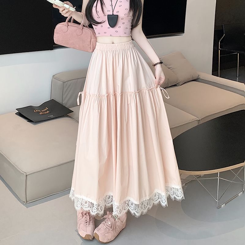 Maxi High A-Line Plain Waist Trim Lace Skirt