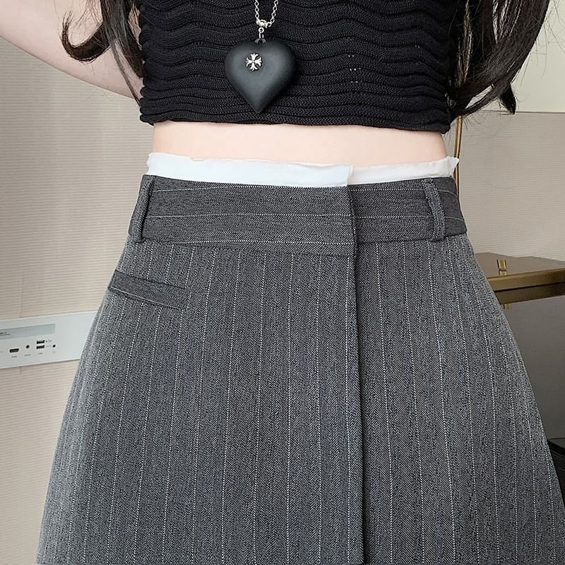 Mini Skirt Rise High Pinstriped Asymmetrical A-Line