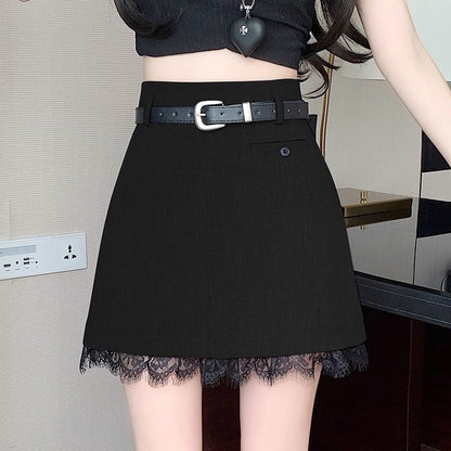 Mini Skirt Rise Trim Lace A-Line High Plain