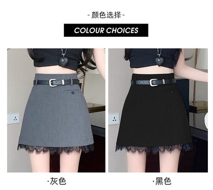 Mini Skirt Rise Trim Lace A-Line High Plain